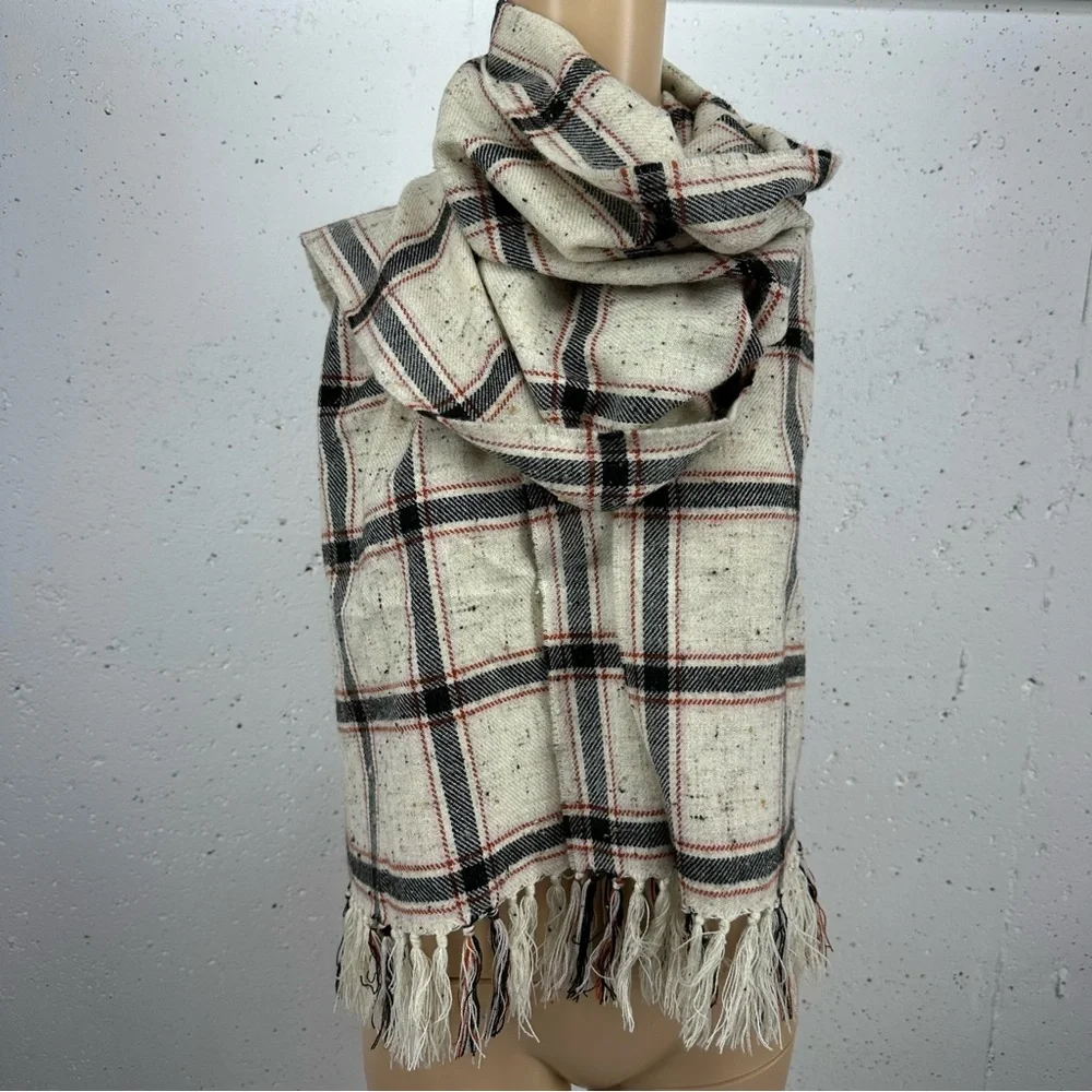 Madewell Speckled Cream Black & Red Plaid Scarf Wrap 21.5 x 74”